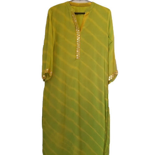 Silk Simple Stylish Look And Gorgeous Green Chiffon Mirror Work Kurti