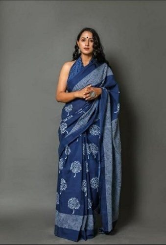 Designer Printed Cotton Saree - 5.5 Meter Length, Blue And White Pattern, Matching Blouse Included, Lightweight and Comfortable for All Seasons