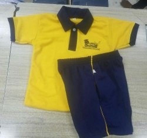 Blue And Yellow Straight Collar Short Sleeves Cotton School Uniform For Kids Age Group: 3-10