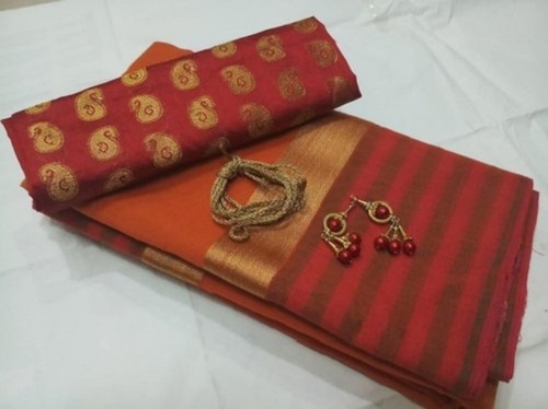 Summer  Attractive Look Party Wear Multi Red Plain Bordered Plain Cotton Saree For Ladies