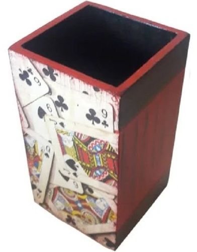 Polished Square Shape Multicoloured Playing Card Design Wooden Pen Stand 10 Cm Size