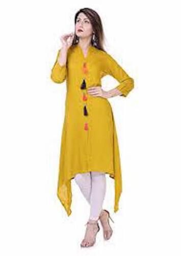 Women Skin Friendly Breathable Comfortable Beautiful Plain Yellow Causal Wear Kurti 