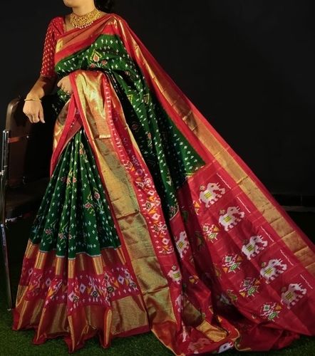 Cotton Silk Ladies Printed Red And Green Saree For Festival Wear