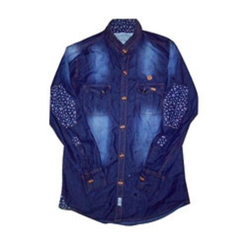 Men Collar Neck Full Sleeves Breathable Skin Friendly Printed Cotton Blue Shirt Gender: Male