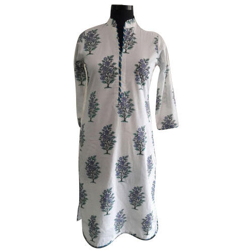 White Printed Round Neck 3/4 Sleeve Simple Elegant And Stylish Look Cotton Kurti For Ladies