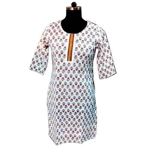 Breathable White With Red Printed Simple Elegant And Stylish Look Half Sleeve Casual Wear Cotton Kurti For Ladies