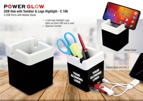 Black C106 A   Powerglow Usb Hub With Tumbler And Logo Highlight With Mobile Stand