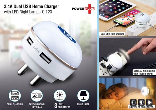 C123 A   Dual Usb Fast Charger With Night Lamp Usage: Mobile