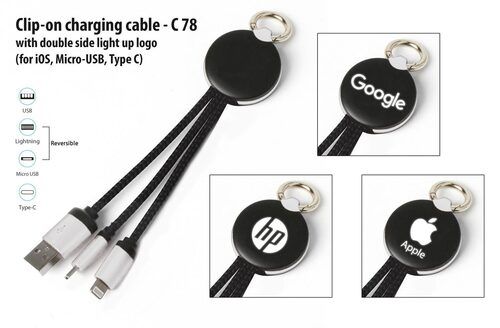 C78 A Clip-on Charging Cable With Double Side Light Up Logo (Ios, Micro-usb, Type C)