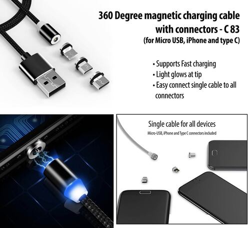 C83 a   360 Degree Magnetic Charging Cable With Connectors | Supports Fast Charging | Light Glow At Tip (For Micro USB, IPhone And Type C)