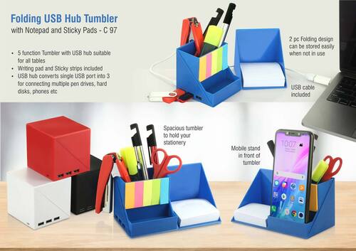 C97 a   3 USB Ports Folding USB Hub Tumbler With Notepad And Sticky Pads