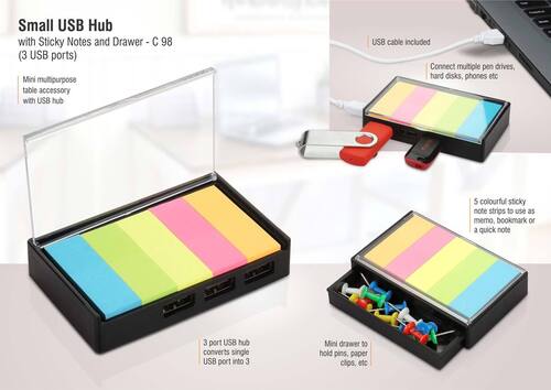 C98 a   3 USB Ports Small USB Hub With Sticky Notes And Drawer