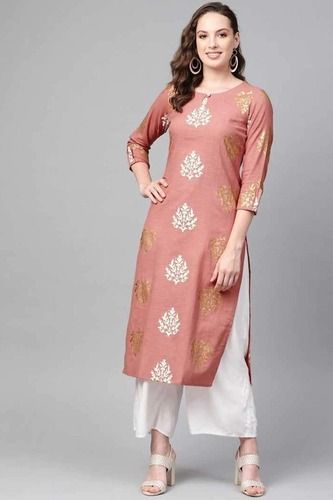 Comfortable And Breathable Pink Printed Pattern Rayon Kurti For Ladies