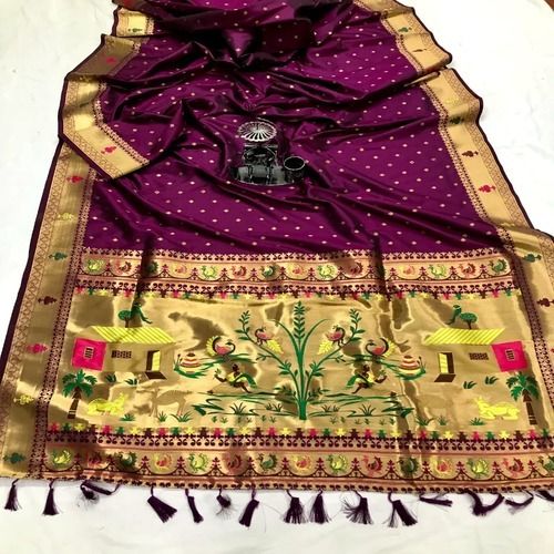 Purple-Golden 100% Pure Beautiful And Authentic Purple Golden Coloured Designer Bordered Cotton Silk Saree