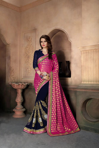 Buy Faux Georgette Beige And Pink Half N Half Saree | Designer Sarees