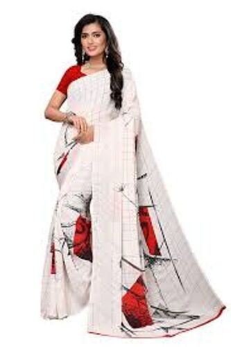 White-Red Fancy Stylish Printed Cotton Silk Saree For Ladies With Blouse Piece