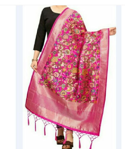 Fashionable Pink Printed Zari Work Handloom Cotton Silk Ladies Dupatta, 2.5 Meter