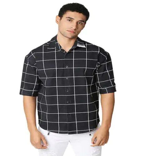 Hemsters Black Half Sleeve Relaxed Shirt For Men Collar Style: Spread