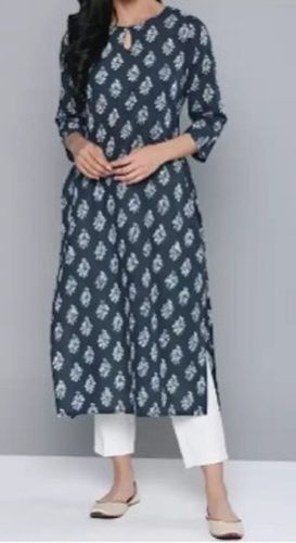 Navy Blue Casual Wear Designer And Comfortable Block Printed Cotton Ladies Kurtis