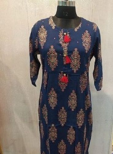 Comfortable Round Neck Block Printed Dark Blue Cotton Kurti For Casual Wear  Bust Size: 35-36 Inch (In)