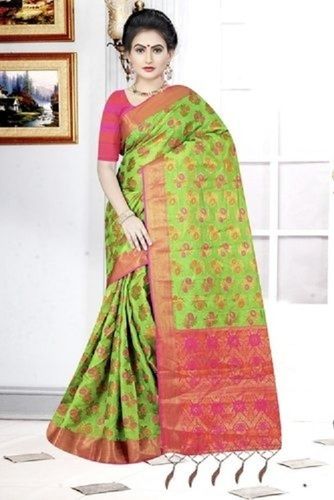 Pink And Green Printed Pattern Casual Wear Women Cotton Silk Saree