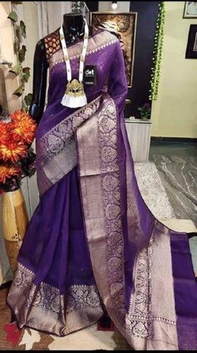 Traditional 6.3 Meter Length Purple And Silver Embroidered Banarasi Style Cotton Silk Saree 