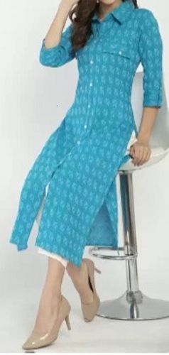 Sky Blue 3/4Th Sleeves Designer And Comfortable Printed Collar Cotton Kurti For Ladies Bust Size: 35-36 Inch (In)