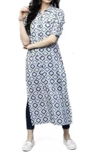 White And Black Casual Wear Half Sleeves Printed Cotton Collared Kurti For Ladies Bust Size: 35-36 Inch (In)