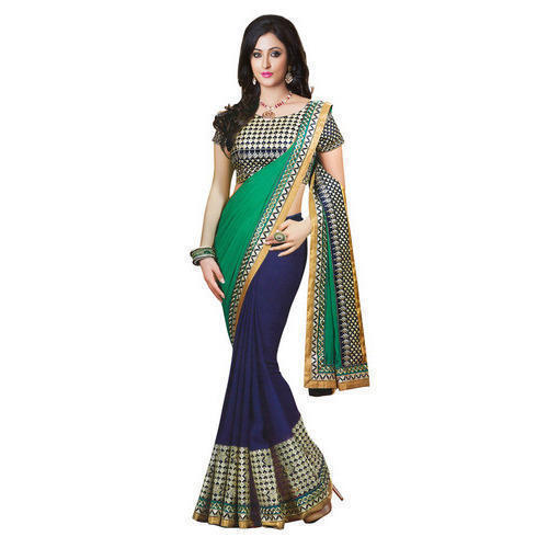 Party Wear 100% Banarasi Cotton Green And Blue Color Golden Boarder Saree With Blouse Pieces