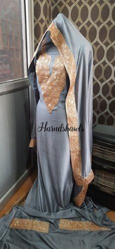 Ladies Fashionable Embroidery Stylish Grey And Golden Kashmiri Silk Suits 