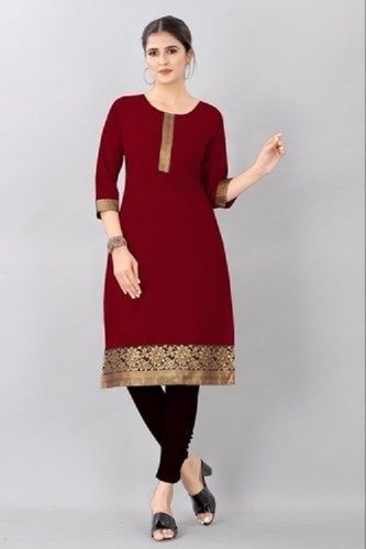 Maroon And Golden Casual Wear Full Sleeves Round Neck Ladies Cotton Kurti  Decoration Material: Paint