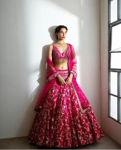Silver and Pink Colored Partywear Designer Embroidered Net with silk Lehenga  Choli - SARI DEAL - 3605940