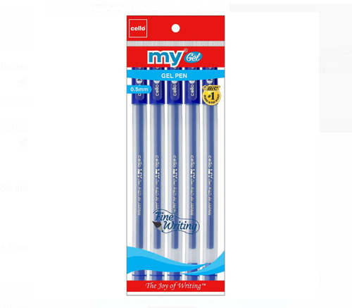 5 पीस का प्लास्टिक पैक 0.5 mm टिप साइज सेलो ब्लू जेल पेन स्मूथ और फाइन राइटिंग के लिए