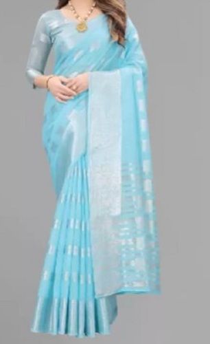 Bangali Sky Blue Color Comfortable And Party Wear Plain Printed Cotton Ladies Sarees 