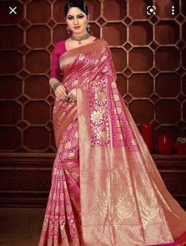 Embroidered 100 Percent Cotton Silk With Zari Work Pink Color Traditional Banarasi Saree 