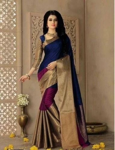 Winter Brown And Blue Casual Wear Plain Designer Cotton Silk Saree 6.3 Meter Length 