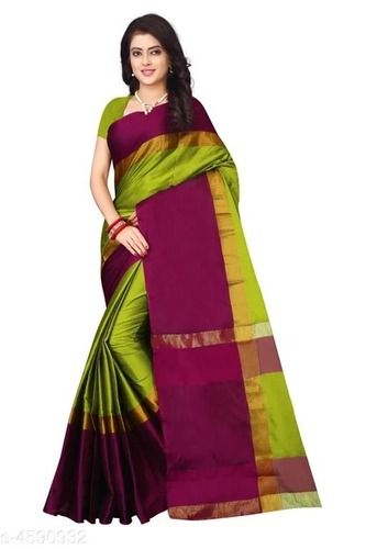 Winter Elegant Look Purple And Green Comfortable Casual Wear Plain Cotton Silk Saree 