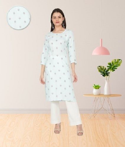 Sky Blue Ladies Beautiful Designs 3/4 Sleeves And Round Neck Printed Cotton Kurtis