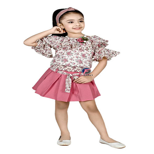 Modern Style Breathable Printed Chiffon Frock Set For Kids