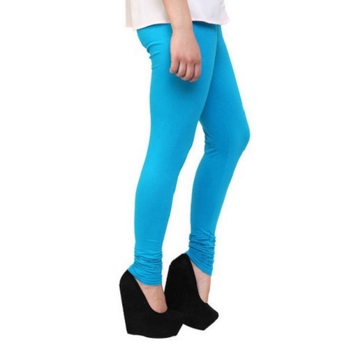 Breathable Sky Blue Plain Full Length Cotton Leggings For Ladies