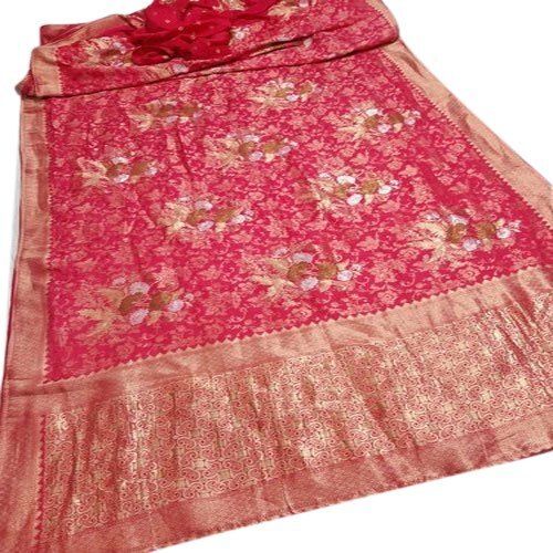 Pink Casual Wear Ladies Embroidered Dola Silk Saree With Blouse Piece Set For Ladies 