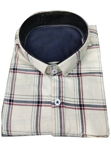 Checked Full Sleeve Collar Neck Casual Wear Cotton White Shirt For Mens