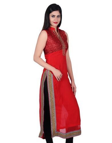 Silver Women'S Stylish And Trendy Breathable Sleeveless Printed Red Designer Kurtis