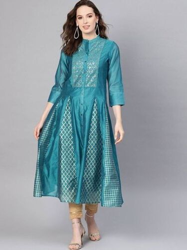 White Women'S Stylish Beautiful And Fashionable 3/4 Sleeves Sky Blue Anarkali Kurti