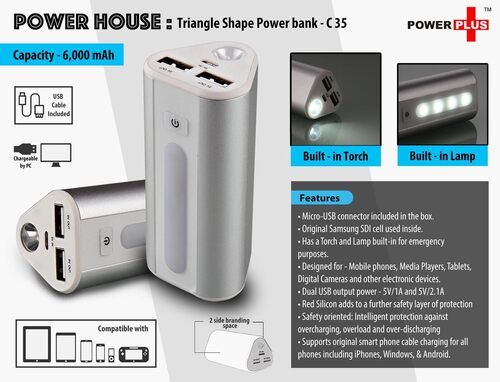 C35 a   Power Plus Power House : Triangle Shape Power Bank With Lamp And Torch (Dual USB Port) (6000 MAh)