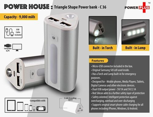 C36 A   Power Plus Power House : Triangle Shape Power Bank With Lamp And Torch (Dual Usb Port)(9000 Mah)