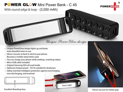 C45 a   PowerGlow Round Edge a  Minia   Power Bank With Loop (3,000 MAh)