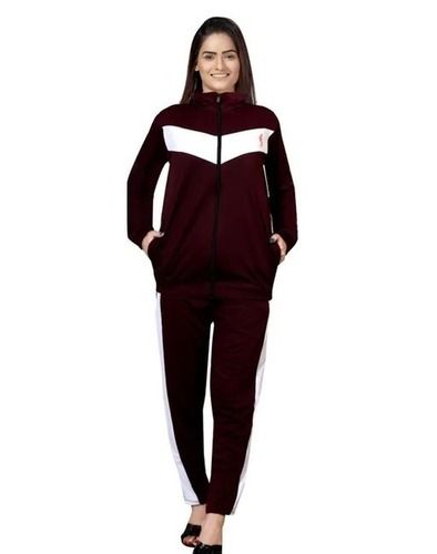 White And Maroon 100% Cotton Slim Fit Stretchable Sport Wear Women Track Suits Design: Striped