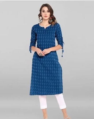 Pack Of 1 Blue Colour Medium Size Printed Solid Comfortable And Breathable Cotton Kurti Decoration Material: Sequins