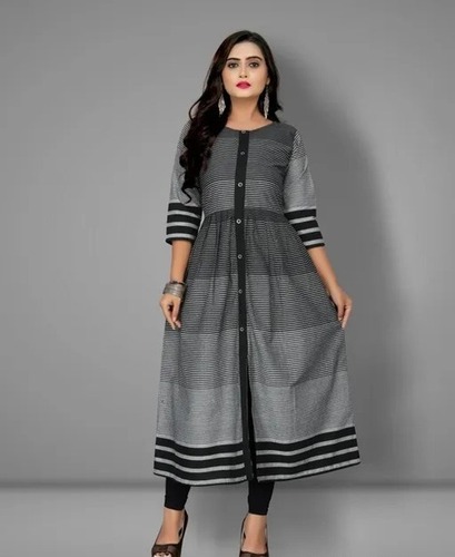Grey And Black Checked Comfortable And Breathable Fancy Cotton Ladies Kurti
